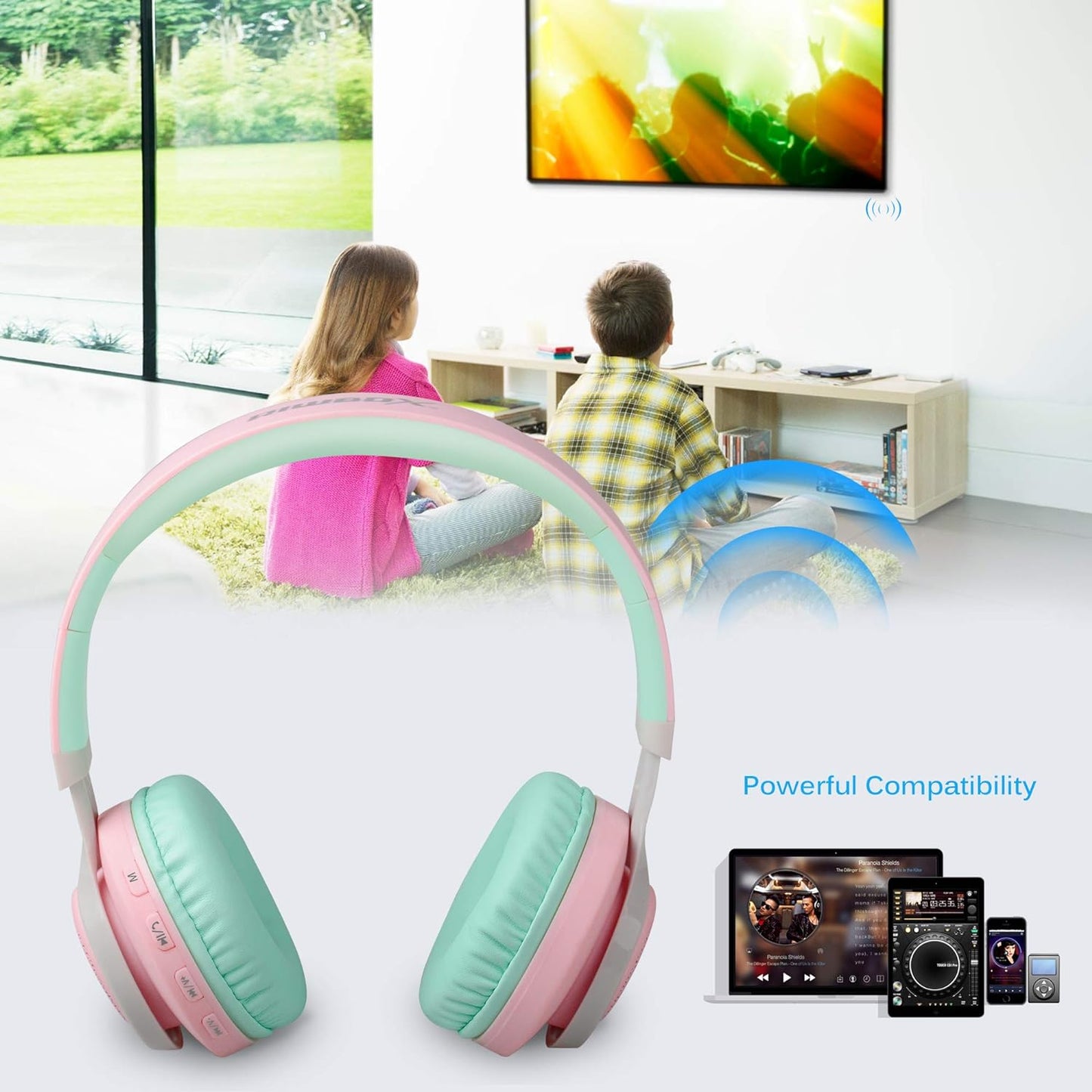 WT-7S Bluetooth Headphones Light Up, Foldable Stero Wireless Headset with Microphone and Volume Control for Pc/Cell Phones/Tv/Ipad (Pink Green)